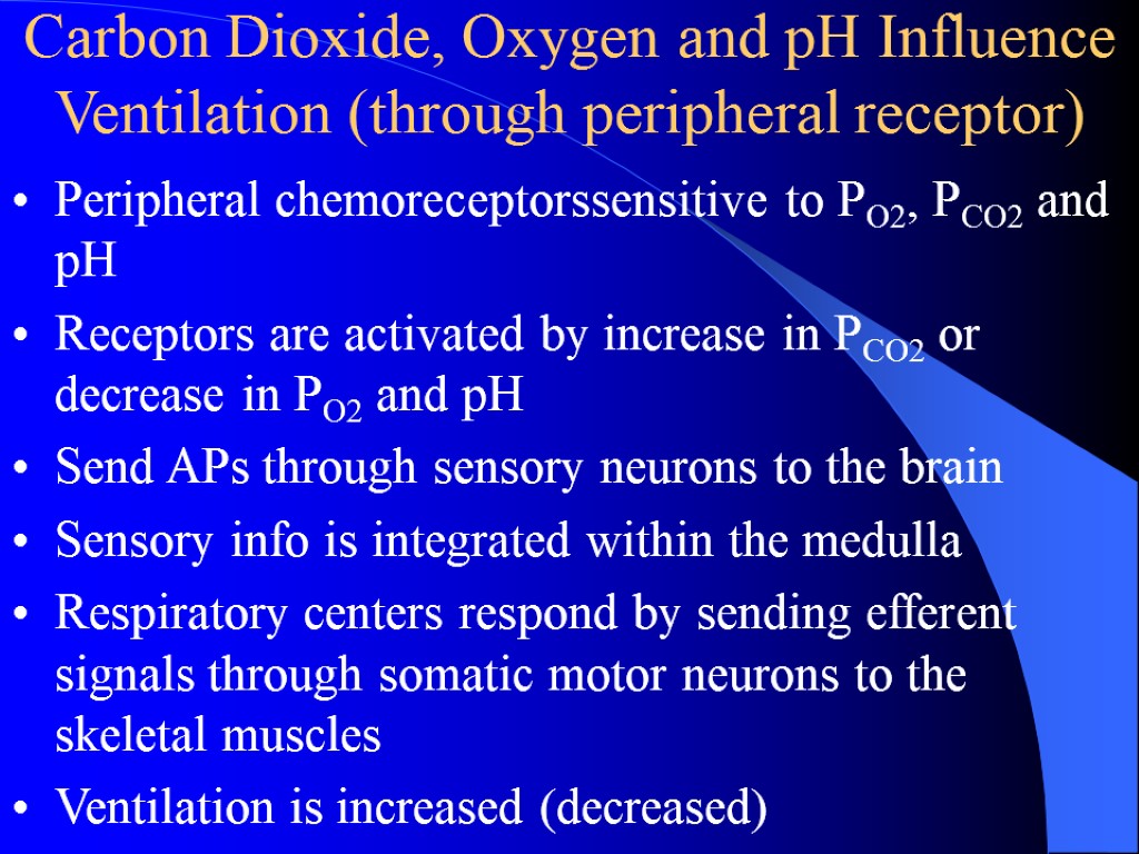 Carbon Dioxide, Oxygen and pH Influence Ventilation (through peripheral receptor) Peripheral chemoreceptorssensitive to PO2,